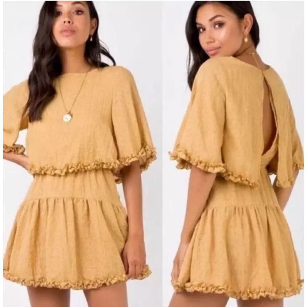 Princess Polly Astro Mini Dress Mustard Gold Yellow Textured Tiered Ruffle Size